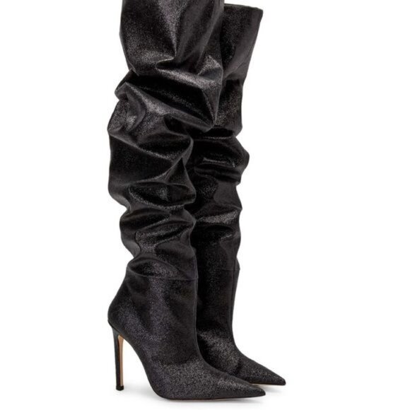 Good American Glitter Over the Knee Boots Pointed Toe Stiletto Slouchy Black 7 - Picture 1 of 8